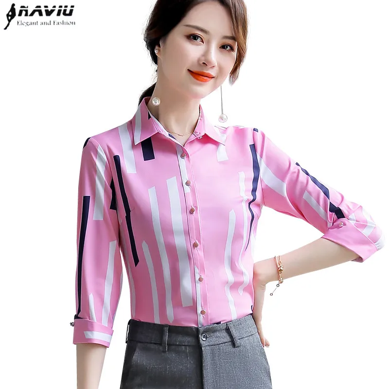

Temperament women half sleeve shirt 2019 new formal slim vertical strip printing chffon blouse office lady plus size fashion top