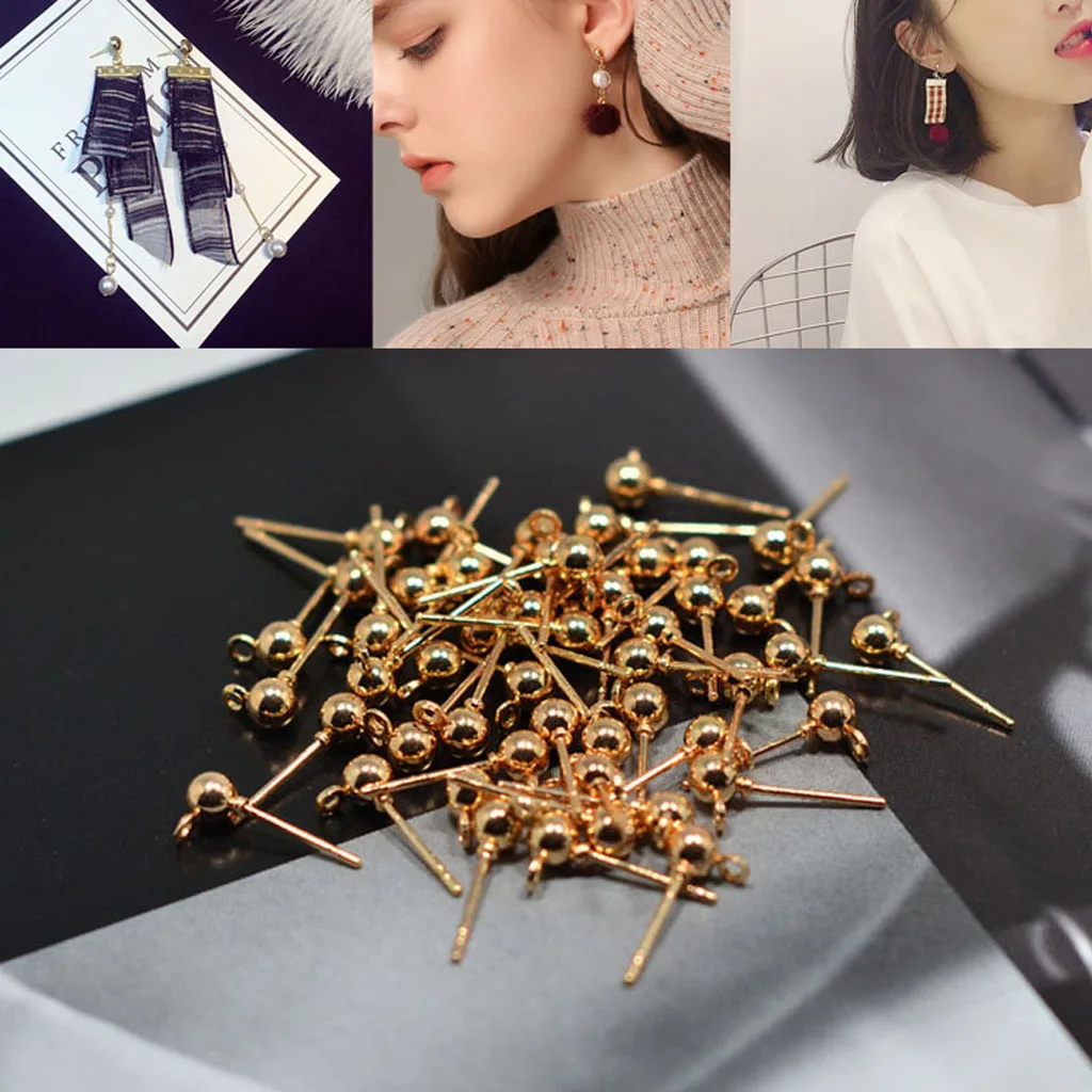 50pcs Ball Ear Pin Studs Earring Posts with Loop Jewelry Making Supplies 15x6mm