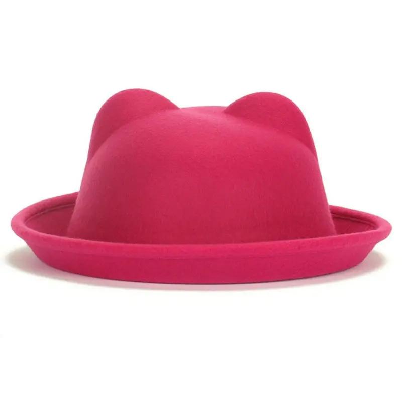 Пляжная шапка с ушками, уличная мода, женские шерстяные шапки с рогом для родителей и ребенка, фетровая шляпа, Дерби, кошка - Цвет: Rose Red