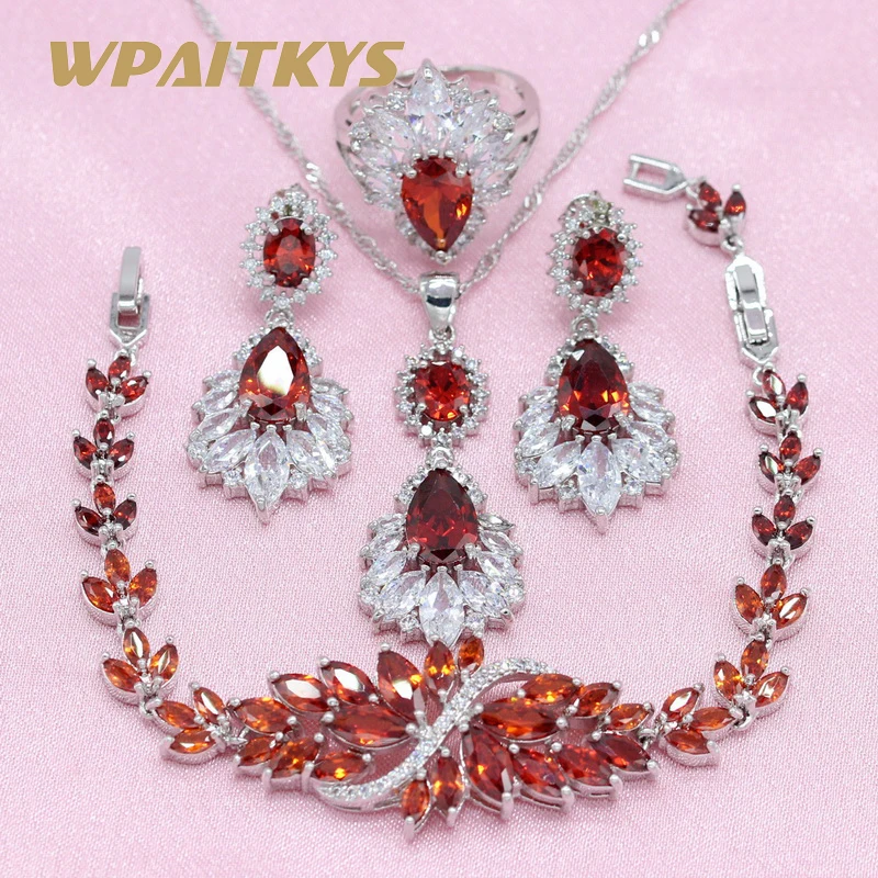 

3 Colors Red Blue Green Crystal 925 Silver Jewelry Sets Earring For Women Pendant Necklace Ring Bracelet Free Gift Box