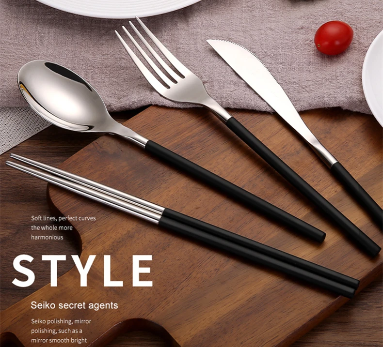 Black Cutlery Stainless Steel Western Food Luxury Tableware Sets Knives Fork Steak Knife Tablespoon Chopstick Dinnerware Set