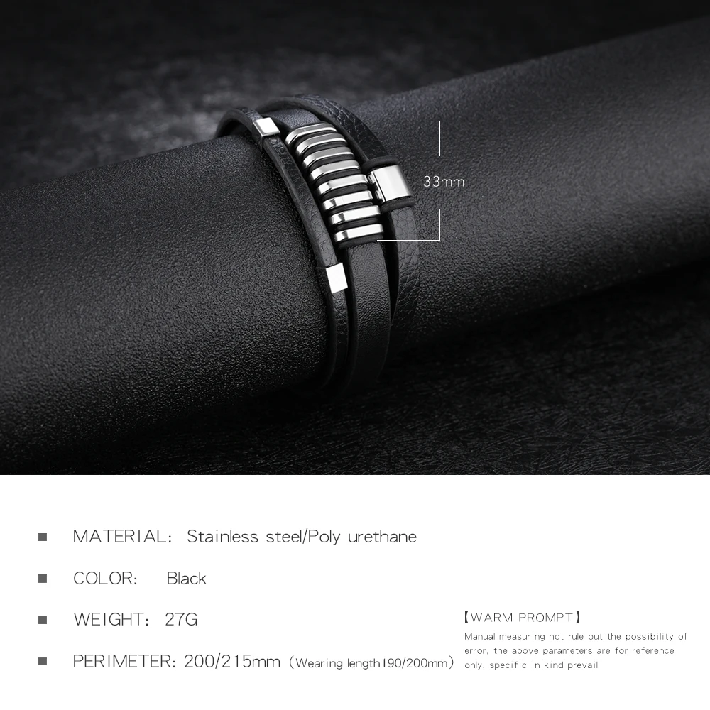 FATE LOVE Fashion Punk Male Men Statement Wrap Bracelet Bangles Jewelry Black Leather Wristlet with Stainless Steel Charm