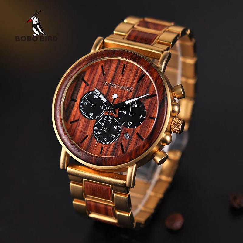 

BOBO BIRD Business Luxury Brand Quality Chronograph Wood Metal Quartz Wristwatch Wooden Watch Men Relogio Masculino J-Q26