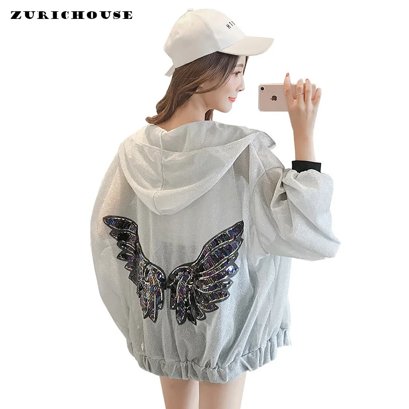 

Spring Long Sleeve Sequins Bomber Jacket Women Fashion Hooded Shiny Jacket Perspective Thin Sun Protection Outfits Summer Style