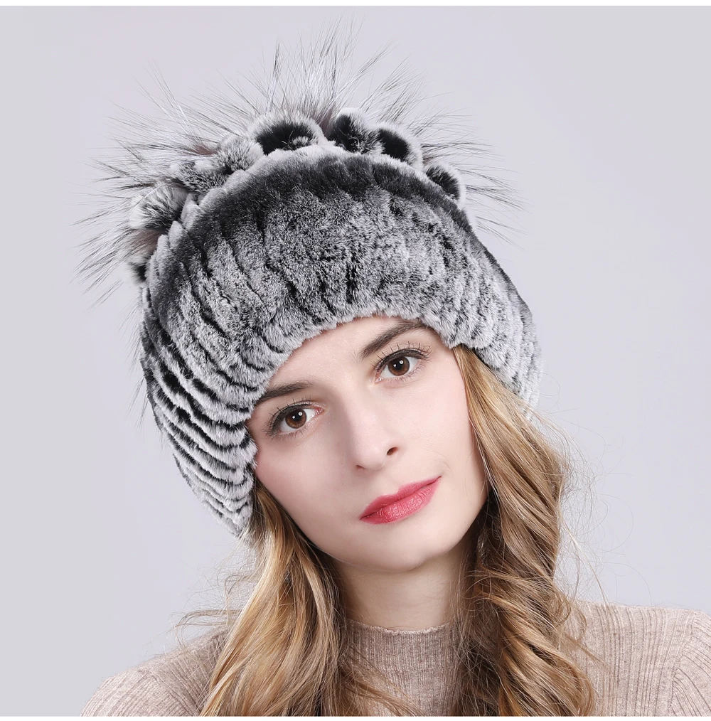 Women Natural Real Rex Rabbit Fur Beanies Hats Winter Warm Knitted Rex Rabbit Fur Caps New Female With Fox Fur Skullies Hat