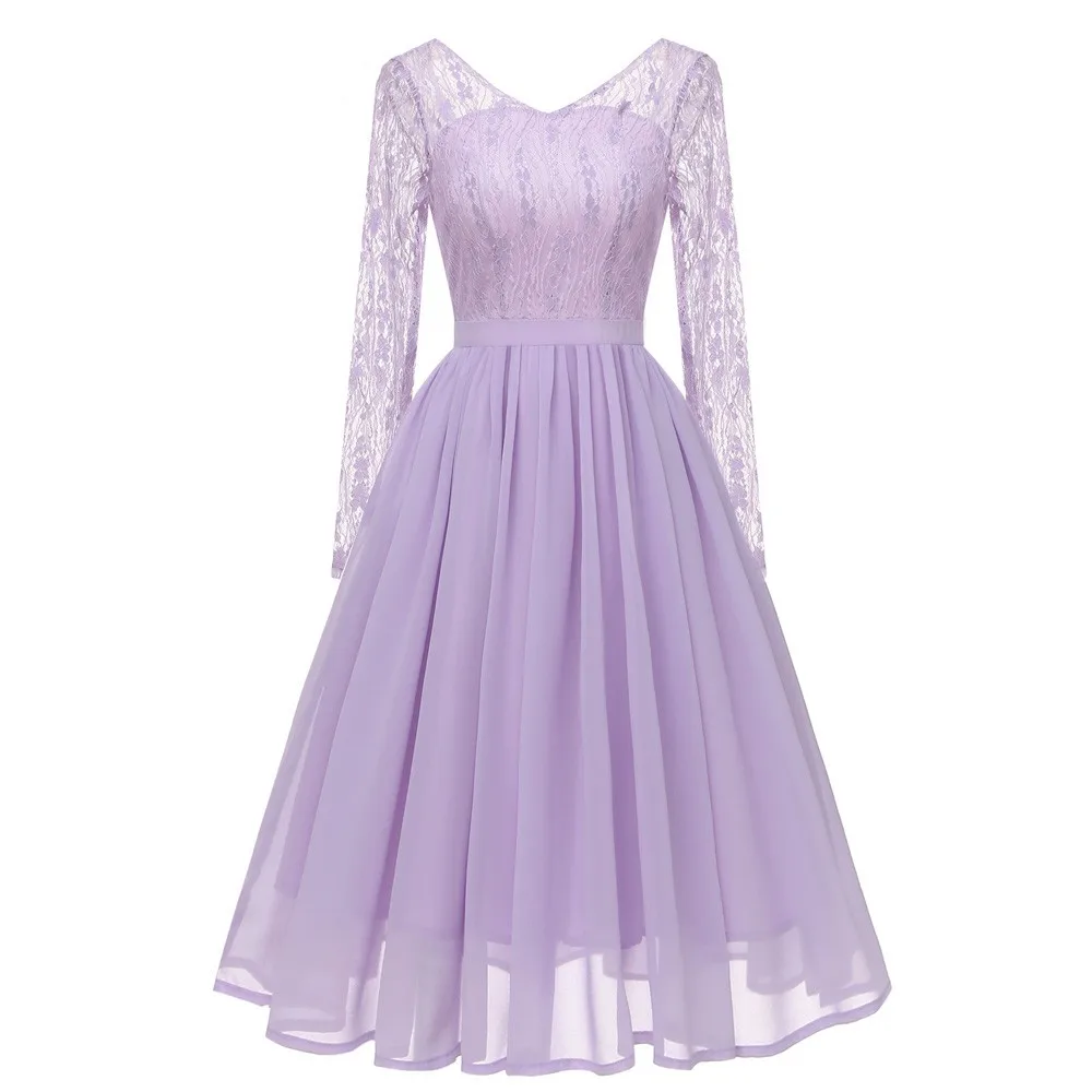 Рождественское винтажное Плиссированное кружевное платье с длинным рукавом и открытой спиной, элегантное фиолетовое шифоновое платье, женские осенние вечерние платья