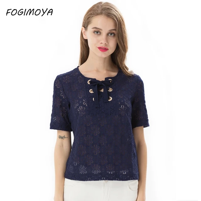 Fogimoya футболка Для женщин 2018 Summmer шнурок свободные крюк цветок выдалбливают Топы корректирующие Для женщин Повседневное короткий рукав Дикий футболки Новый
