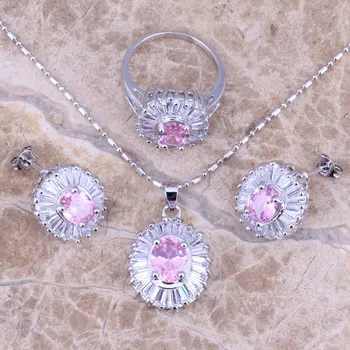 

Amazing Pink White CZ Silver Plated Jewelry Sets Earrings Pendant Ring Size 6 / 7 / 8 / 9 / 10 S0120