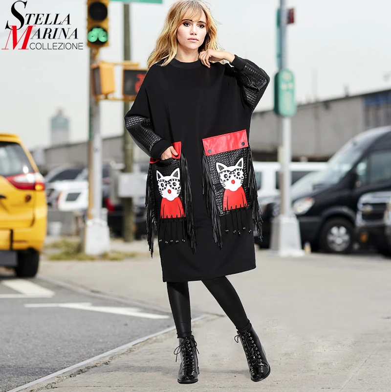 Comprare Nuovo 2019 Donne Autunno Inverno Nero Midi del Vestito Più Il Formato Manica Lunga Del Fumetto DELL UNITÀ di elaborazione di Grandi Dimensioni Tasca Frangia Delle Signore Carino dress Robe 3084