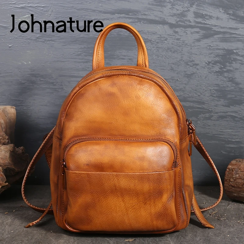 Alça de Ombro Johnature Novo Couro Genuíno Softback Zíper Arcuate Bolso Silt Vintage Casual Alça Dura Mochila Feminina 2020