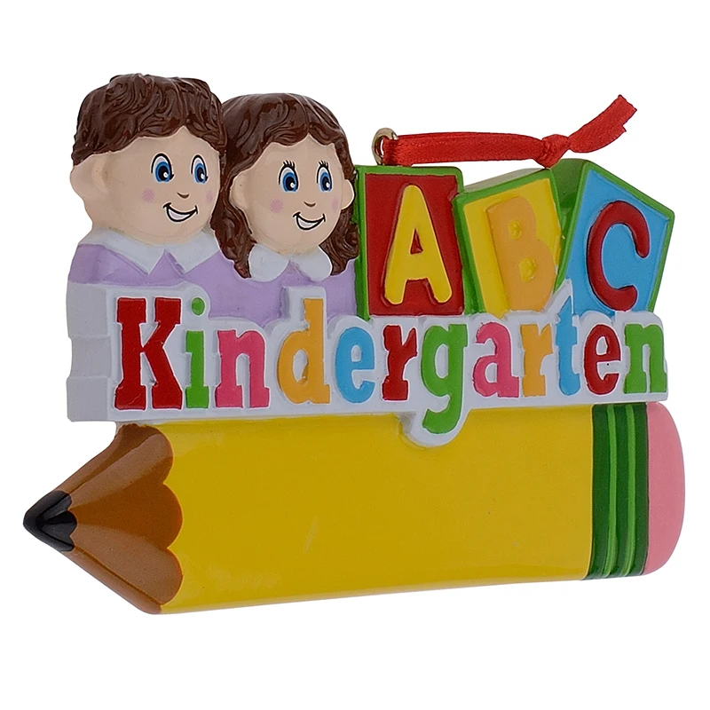 Smile kindergarten children polyresin glossy personalized Christmas tree ornament with yellow pencil and a b c alphabet
