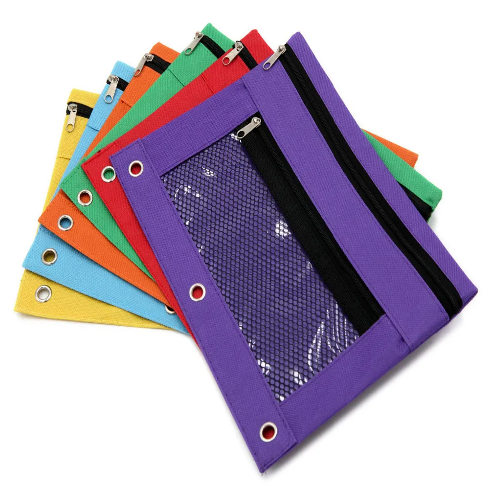 

1PC Random Color Double Pocket Zipper Pencil Pouch With Grommet 2 Compartments Assorted Holes&Quick View Mesh Pocket For School