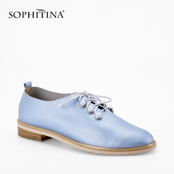 

SOPHITINA Round Toe Basic Flats Blue Pink Soft Cow Leather Fashion Lady Shoes 2019 Autumn Lace-up Rivet Leisure Office Flats P72