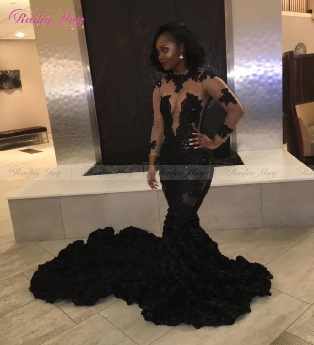 Sexy Black Mermaid Long Sleeves African Prom Dresses for Black Girls Luxury 3D Flower Train Lace Plus Size Evening Gala Dress