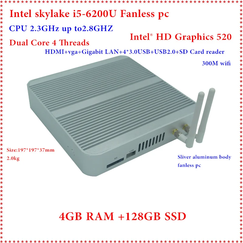Core i5 6200U Fanless Mini PC Desktop Computer Windows 10 with 4G RAM+128GB SSD VGA and HDMI HTPC HD520 Graphics 4K HD 300M WiFi