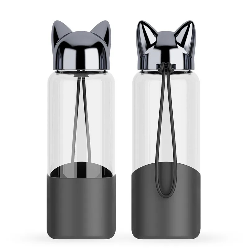 Flash Fox бутылка для воды с веревкой 350 мл милый мультфильм женская уличная стеклянная Питьевая изоляция для бутылок крышка Прямая поставка - Цвет: black