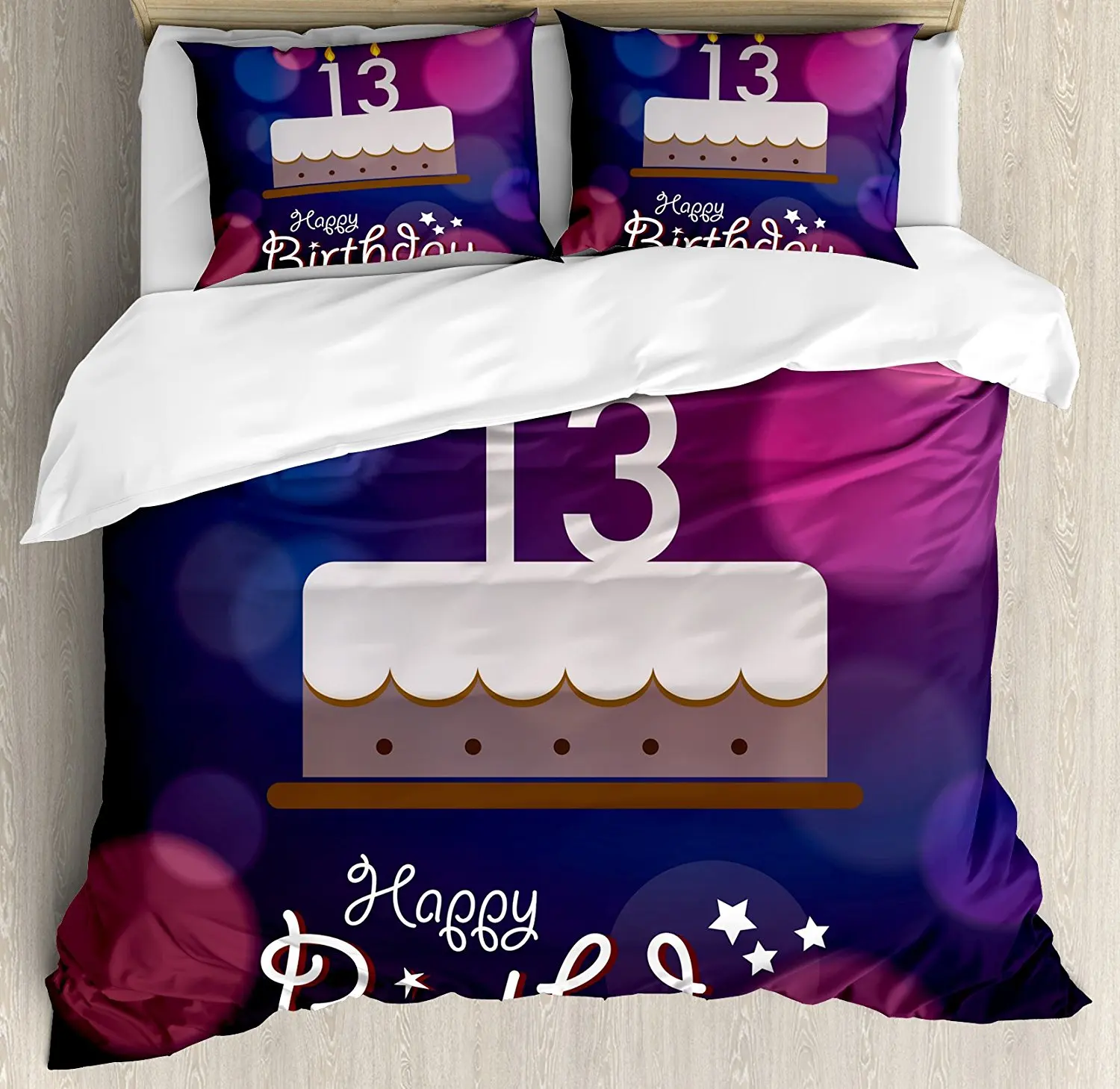 

14th Birthday Duvet Cover Set Hand Drawn Style Party Cake with Number Candles on Abstract Backdrop 4 Piece Bedding Set