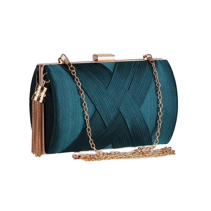 Pleated Satin Woven Evening Bag Metal Tassel Party Chain Shoulder Dress