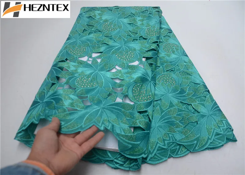 

Teal Green African Punched Cotton Lace Fabric High Quality Lace Swiss Voile Lace In Switzerland For Women Wedding Dress PSA555-1