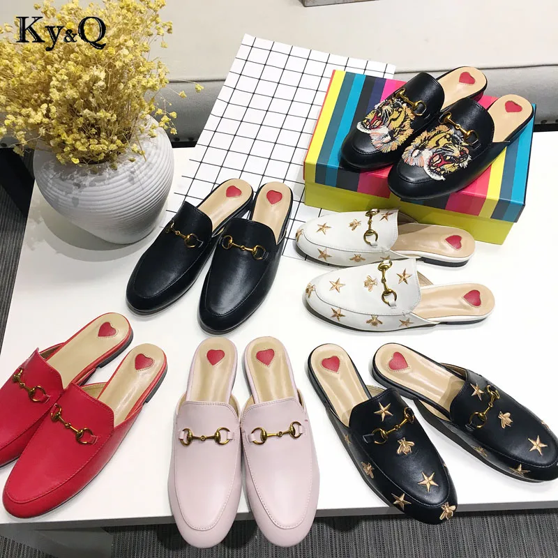 

Brands Women Spring Mules Fashion Flat Heel Slip On Slides Embroidery Pattern Shoes Backless Loafer