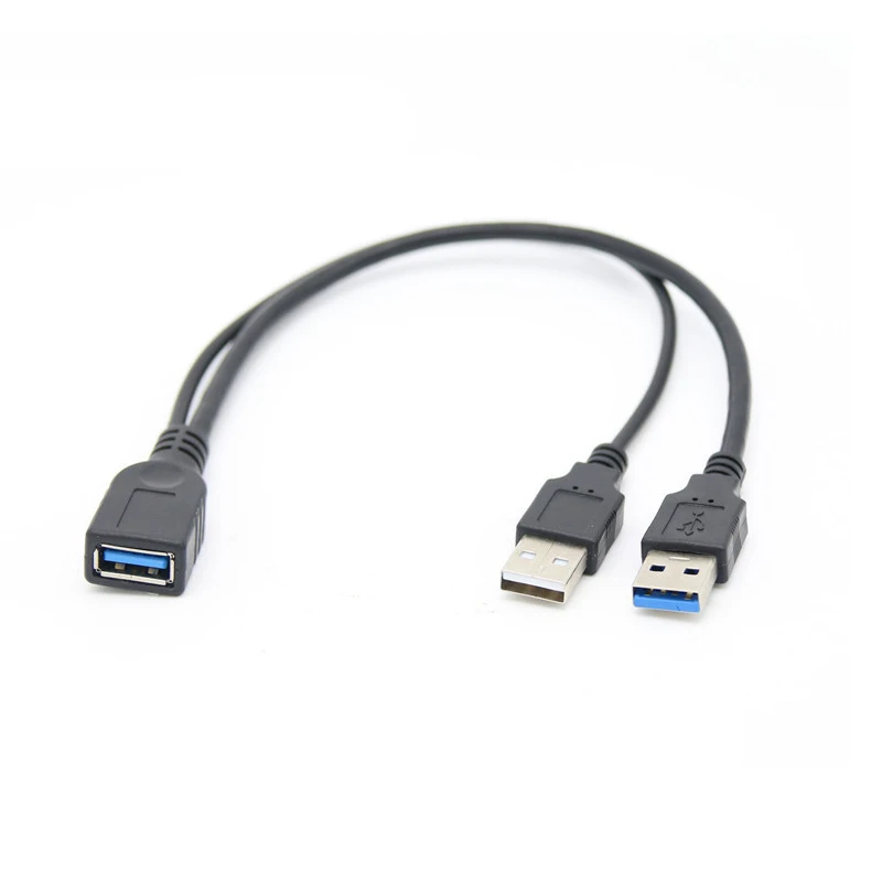 

USB 3.0 Female to Dual USB Male Extra Power Data Y Extension Cable for 2.5" Mobile Hard Disk Black Color 30cm