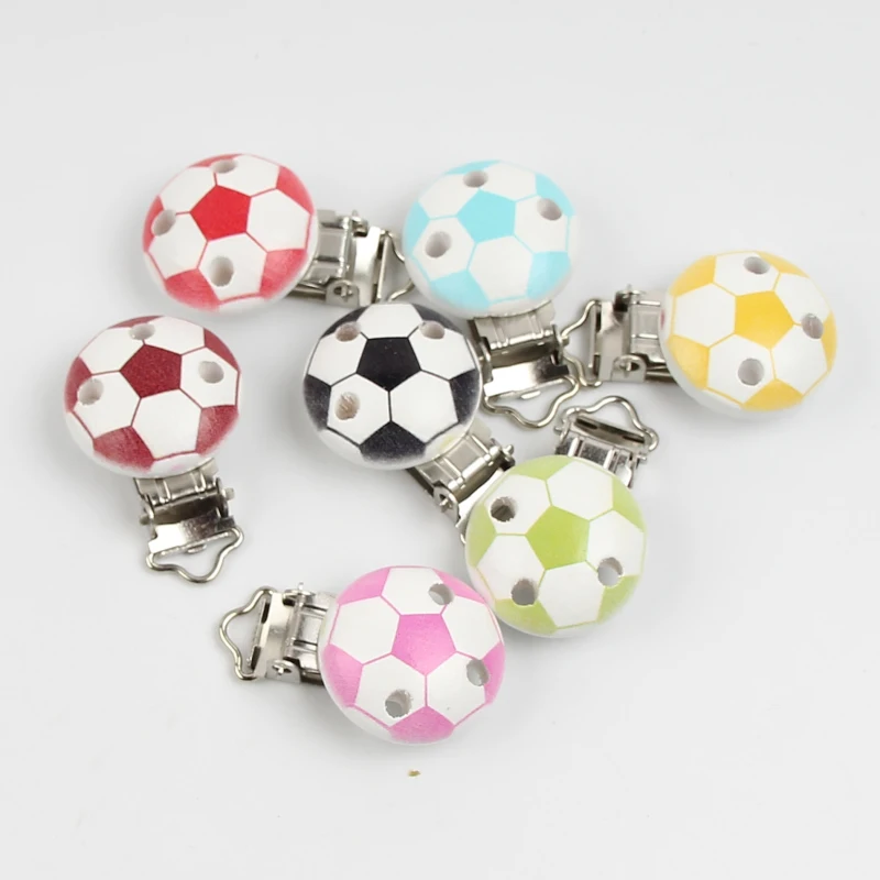 

5pcs 45X30mm Cute Pacifier Clasps Wooden Multicolor Football Shape Health Holders Child Funny pacifier Holder Clips