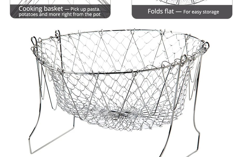KONCO шеф-повара Жарка корзина раскладной дуршлаг, складная промывка паром из нержавеющей стали для Жарки Рыбы картофеля корзины, кухонные инструменты
