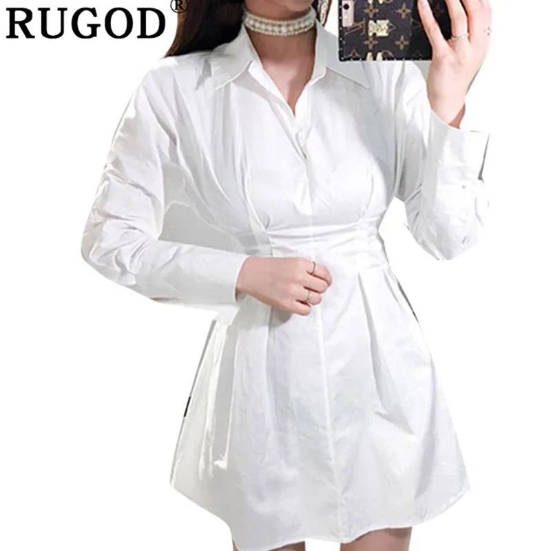 

RUGOD Elegant party dress ladies office Apring Turn-down collar solid spring dresses vestidos Fashion slim sleeve dresses femme
