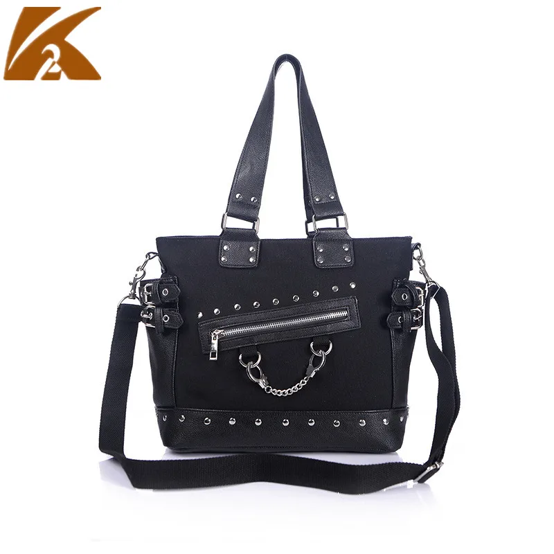 

KVKY 2019 European Fashion Canvas Bags Handbags Women Famous Brand Designers Rivet Shoulder Bag Ladies Punk Tote Bag Handbag