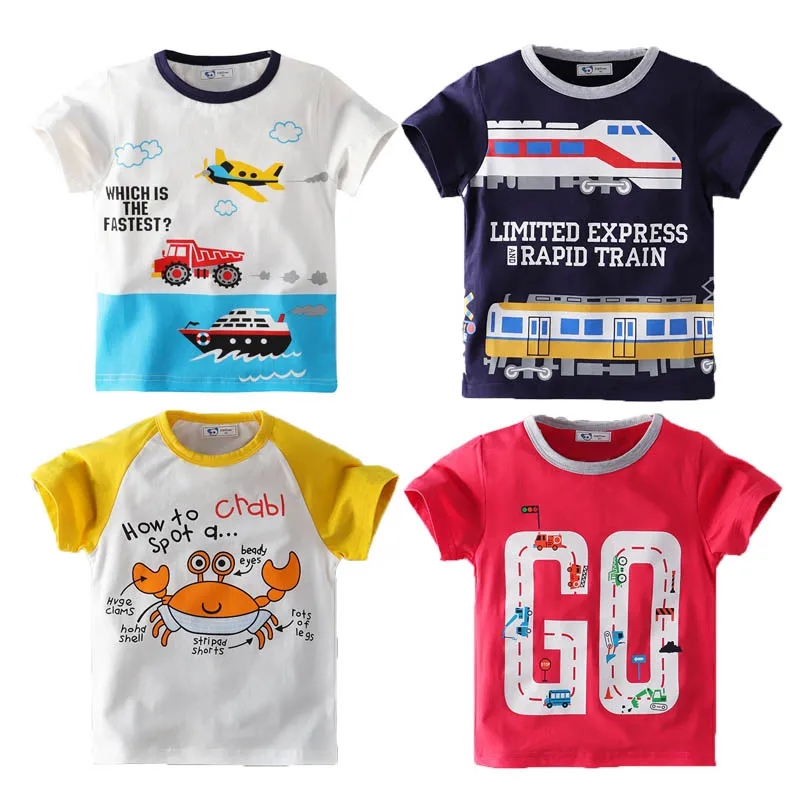 Коллекция года, летняя детская футболка для маленьких мальчиков и девочек с рисунком поезда, машины самолеты, крабы, футболки с надписями футболки для маленьких мальчиков