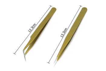

2pcs/Lot Professional Quality Curved+ Straight Tweezers Stainless Steel False Eyelashes Extension Makeup Tools Gold Tweezer
