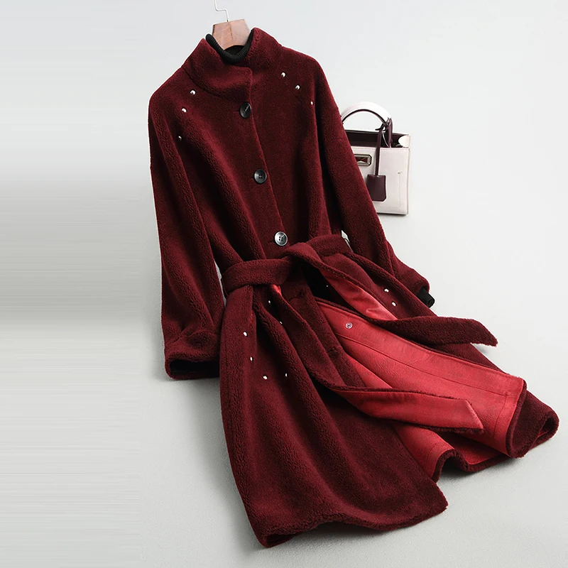Solide Manteaux Réel Femmes Mouton Ll2030 Veste Automne De Laine Fourrure 2018 Longue Manteau Beige wine Hiver Red Femelle Mode Femme noir cARj4L35q