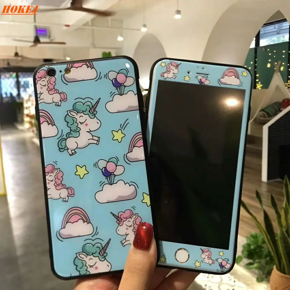 Чехол HOKEJ с единорогом для iPhone 6 7 8 Plus + закаленное переднее покрытие X XS Max |