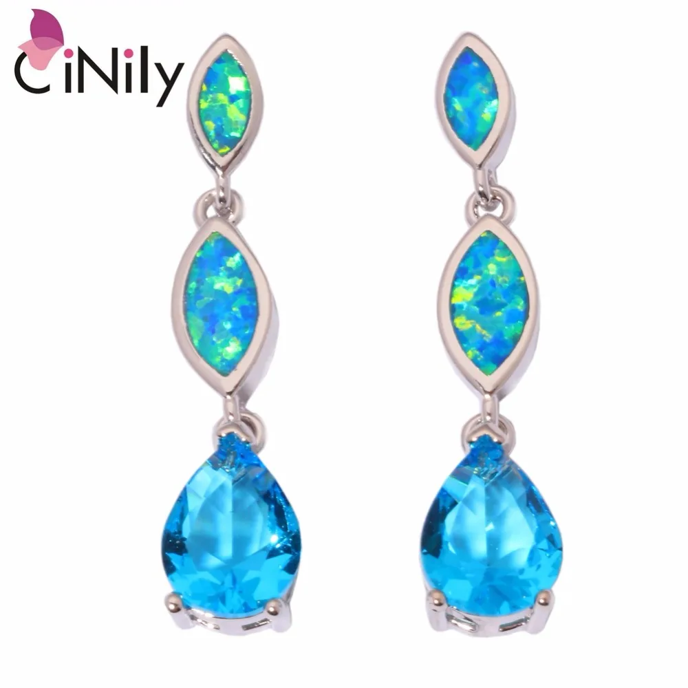 

CiNily Created Blue Fire Opal Blue Zircon Silver Plated Wholesale Hot Sell for Women Jewelry Stud Earrings 1 1/4" OH3373