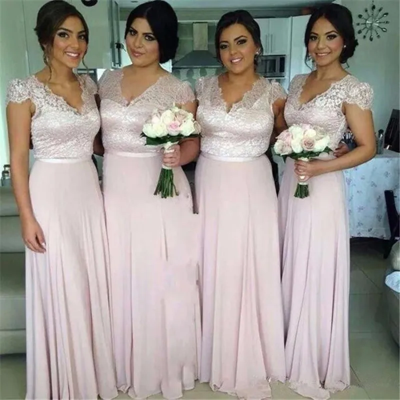 Pink V Neck Chiffon Cap Sleeve Floor Length Bridesmaid Dress With Lace Bodice 2016 New robe demoiselle d'honneur | Свадьбы и