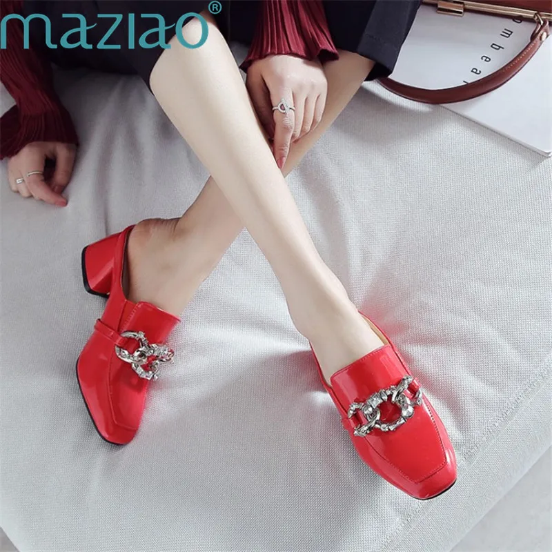 

Women Shoes Square Head Shallow Mouth Thick Heel Metal Decoration Sexy Slippers Women Genuine Leather Shoes MAZIAO
