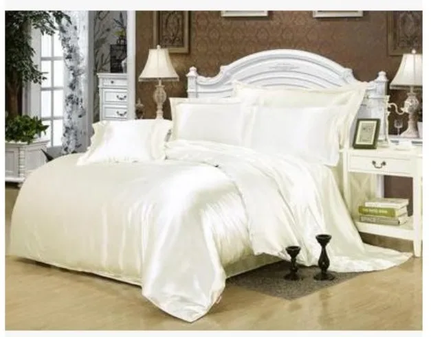 

Silk Cream bedding set White Satin Cal king size queen full twin quilt duvet cover bed in a bag sheet fitted bedspread 6pcs