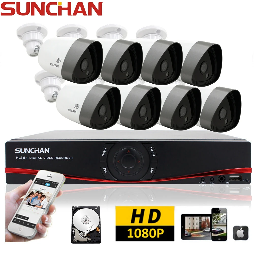 SUNCHAN 8 Каналов 1080 P HD Система Видеонаблюдения 1 ТБ ШТ. 2-МЕГАПИКСЕЛЬНАЯ пуля