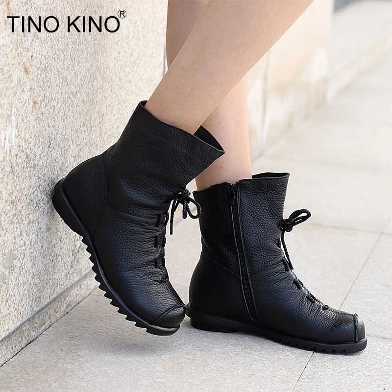 

TINI KINO Women Ankle Boots Plus Size Autumn Low Heel Shoes Platform Casual Female Short Boot Fashion Lace Up Fold Lady Footwear