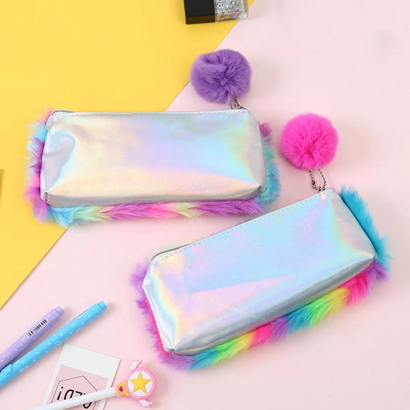 

Cute Rainbow Plush Pencil Bag Unique Cosmetic Bag Student Stationery Storage Bag