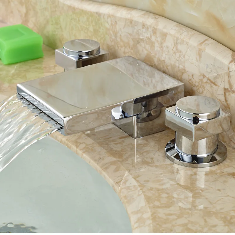 

Deck Mount Bathroom Sink Waterfall Faucet Dual Handles Chrome Basin Mixer Tap