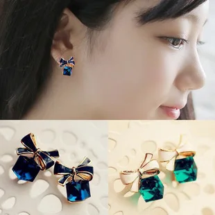

New blue crystal earrings gift box shape for non pierced ears,painless ear clip green blue color for choice