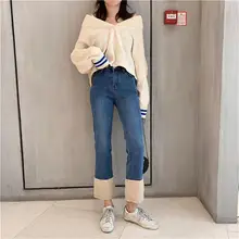 Новинка,, женские весенне-осенние джинсы до щиколотки, брюки, женские Лоскутные расклешенные брюки из овечьей шерсти, ковбойские брюки, S-L