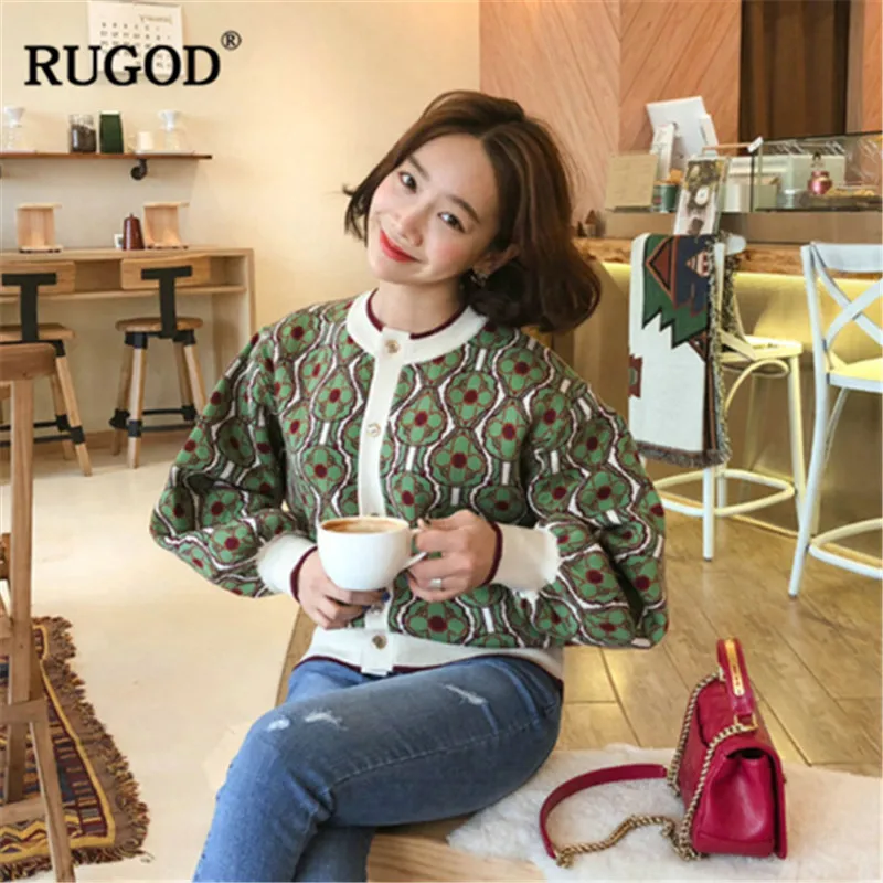 RUGOD осенне-зимний женский свитер с круглым вырезом и длинным рукавом, Женские винтажные кардиганы с цветочным рисунком, pull femme hiver