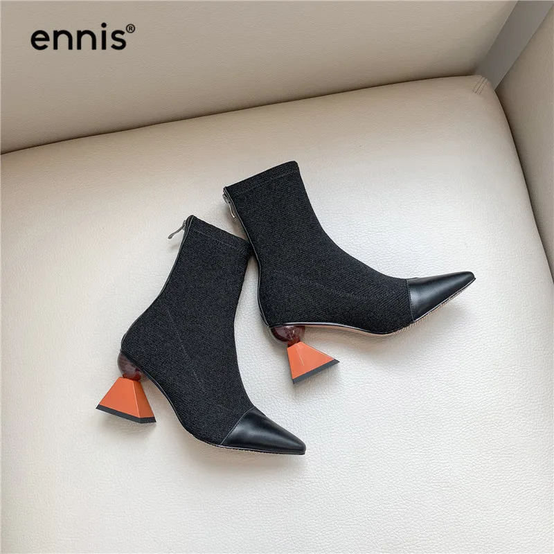 ENNIS/ г. ботинки на высоком каблуке женские ботинки из эластичной ткани женские ботильоны с острым носком черная обувь на молнии Осенняя модная новинка, A944