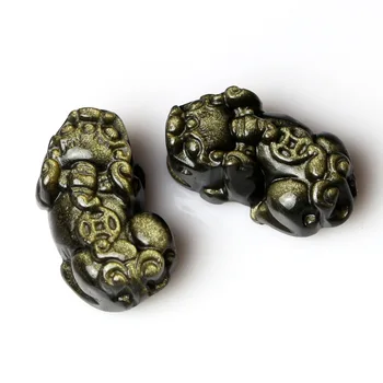 

Wholesale Beautiful Chinese Natural Black Obsidian Gold PiXiu Lucky Amulet Pendant free Necklace fashion for Men Women Jewelry