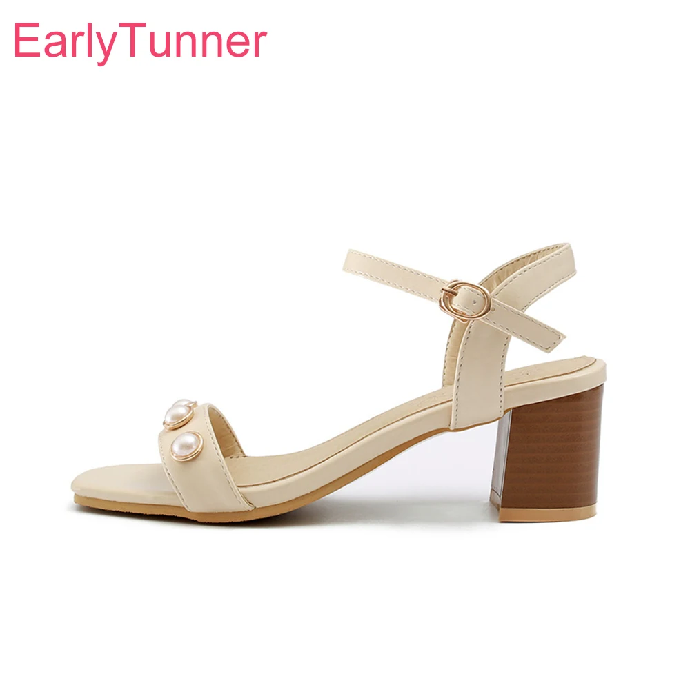 

Brand New Summer Sweet Apricot White Women Casual Sandals Pink Chunky Heels Lady Slingback Shoes ES806 Plus Big Size 10 32 43 46