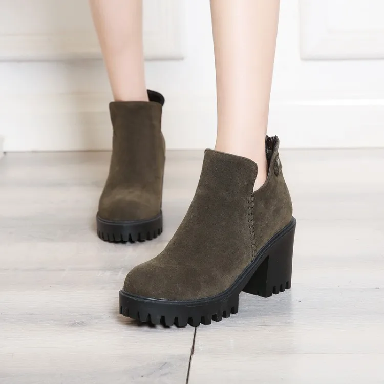 

Big Size 11 12 13 Round-headed waterproof platform with thick heel and short barrel belt buckled back zipper Martin boots