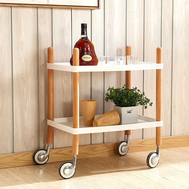 

Nordic hotel dining car tea trolley home three-layer hot pot rack multi-function mobile solid wood wine cart