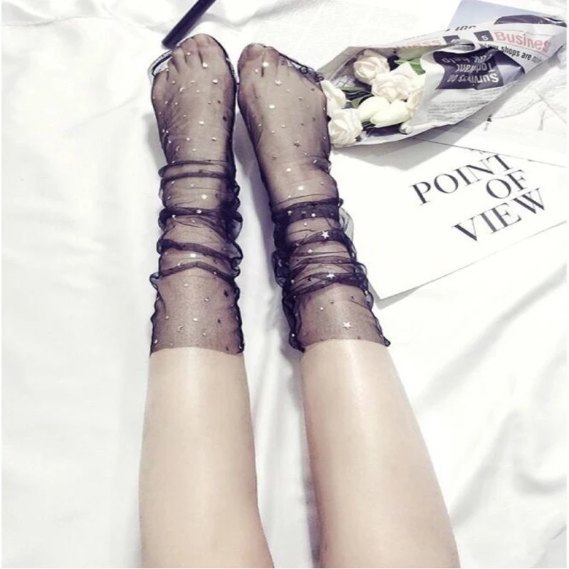 

Babbytoro Women Socks Fashion Sequins Mesh Yarn Sexy Thin Socks Black White Grey Pink Short Embrodiary Star Socks 5 Pair/Lot